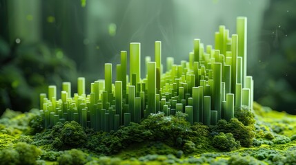 Digital green bar chart with abstract blurred forest background, symbolizing the intersection of modern technology and natural landscapes in data analysis.