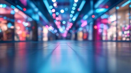 Abstract Blurred Technology Background with Defocused Lights and Futuristic Space in a Business Corridor or Shopping Mall, Representing Modern Innovation and Digital Transformation


