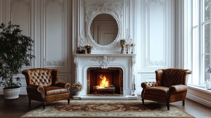 Elegant living room fireplace, burning fire, ornate decor, winter scene, home design