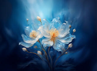 Two luminous, translucent white flowers with yellow centers bloom against a dark blue, ethereal background.  The soft light enhances their delicate, almost glass-like petals.