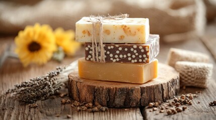 Fototapeta premium Handmade soap bars stacked on wood.