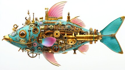 Steampunk fish, gears, white background, creative design, illustration
