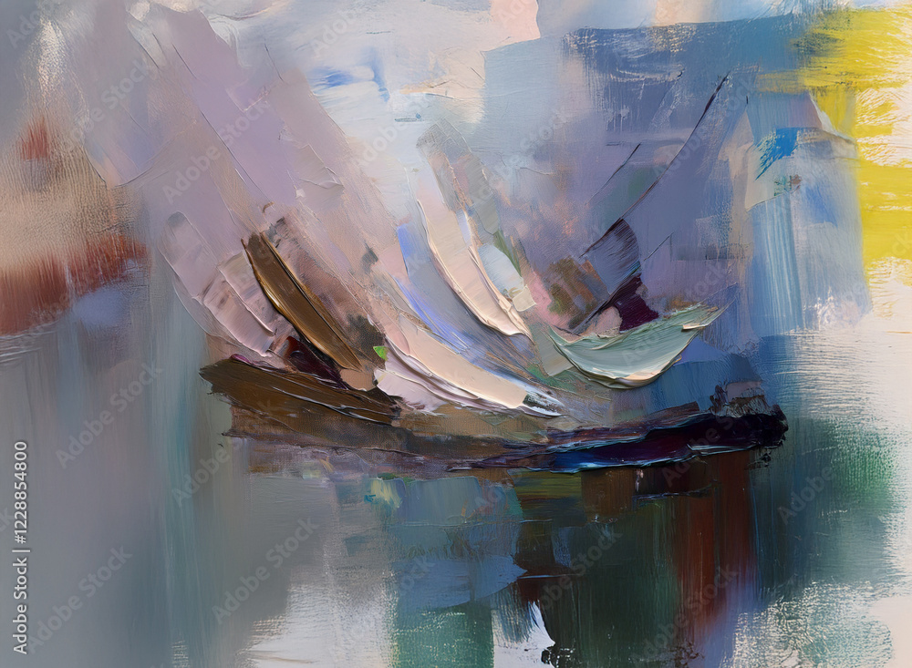 Poster abstract painting showcasing dynamic brushstrokes, blending cool and warm tones. the composition evo