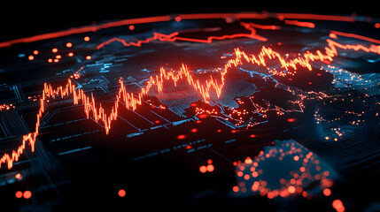 Global market downturn, red stock chart on digital world map, circuit board background, financial crisis illustration