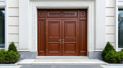 Grand wooden double doors entrance, luxury mansion exterior, stone facade, landscaping