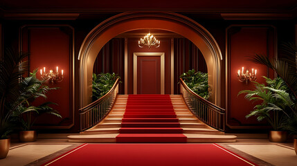 Grand mansion interior, red carpet staircase, elegant entrance, opulent background; event invitation