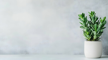 Green succulent plant in pot on white surface against textured grey wall; home décor, blog, website
