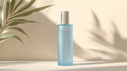 A bottle of blue liquid is sitting on a table next to some dried flowers. light beige background.