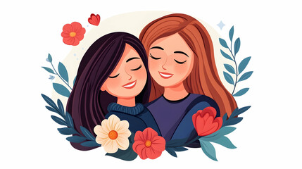 Happy couple embracing, flowers, love, Valentine's Day, romantic illustration, social media post