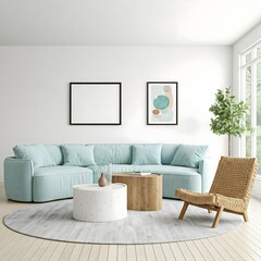 A bright and airy living room bathed in natural light from large,paned windows overlooking a lush garden. The room is anchored by a plush, light sectional sofa adorned with soft, neutral pillows.