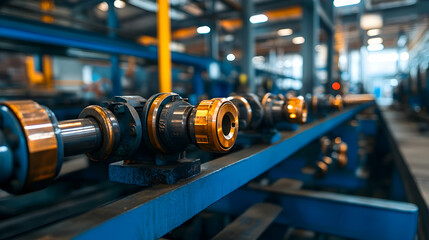 Obraz premium Industrial factory machinery close-up; metal parts, production line, background blurred. Use Industrial manufacturing, engineering