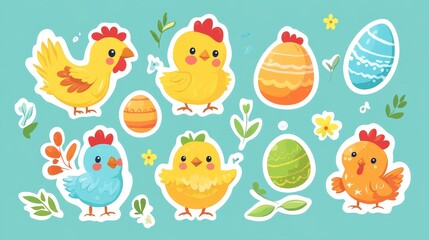 Naklejka premium Set of Easter stickers. Cartoon chick, chicken, Easter eggs. Vector flat illustration. Isolated background.