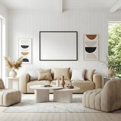 A bright and airy living room bathed in natural light from large,paned windows overlooking a lush garden. The room is anchored by a plush, light sectional sofa adorned with soft, neutral pillows.