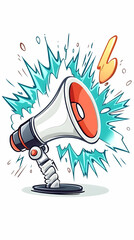 Loud announcement, megaphone, news, splash effect, cartoon style, marketing