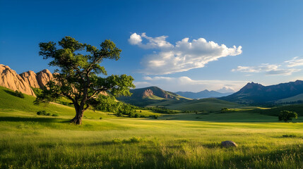Obraz premium Lone tree on green meadow, majestic mountains background, sunny day, nature serenity; perfect for travel brochures