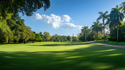 Fototapeta premium Lush tropical golf course, sunny day, palm trees, green fairways, relaxing getaway