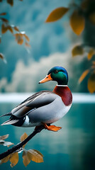 Obraz premium Male mallard duck perched on branch, autumn lake background. Nature wildlife photography for websites, blogs, and publications