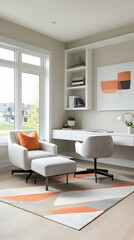 Fototapeta premium Modern home office with large window, desk, chair, and ottoman. Background shows autumnal suburban view. Ideal for real estate listings