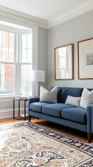 Modern living room interior design, bay window, rug, sofa, artwork