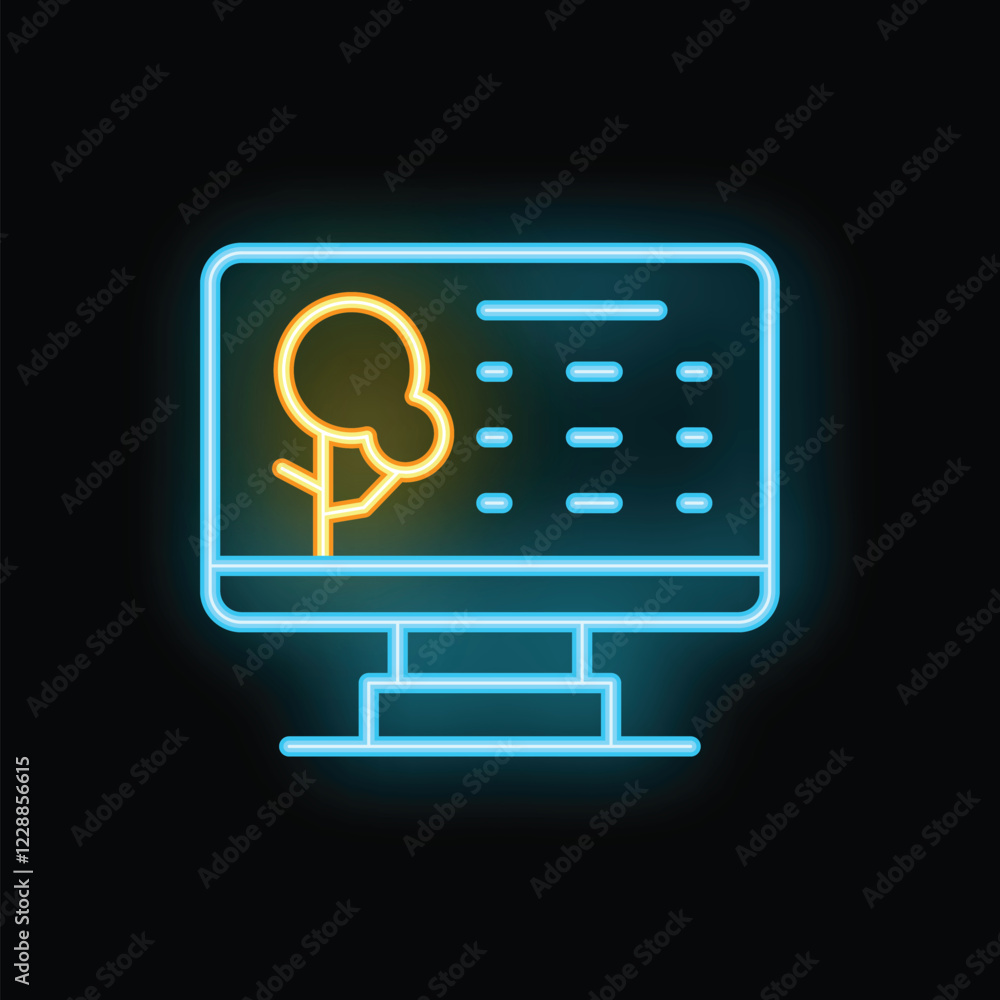 Poster neon icon representing a weather app displaying a stylized tree and temperature data on a computer s