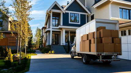 Moving truck parked outside suburban home, boxes loaded, residential neighborhood background; ideal for real estate, moving, homeownership marketing