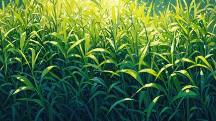 Dew-covered grass texture with intricate details and contrasting green tones, reflecting morning freshness.