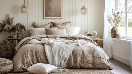 This stylish bedroom embraces tranquility with its Mocha Mousse bedding, soft textures, and natural elements, creating a cozy haven filled with warmth and comfort