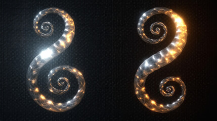 "explore the captivating glow of abstract double treble clef symbols with luminous spirals and intricate neon designs in illuminated music and digital graphic art compositions"