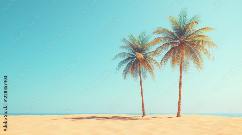 Aufkleber minimalist 3d rendering of two coconut trees casting soft shadows on golden sand with a blue sky gra