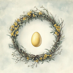 Golden egg surrounded by a floral wreath on a soft, pastel background during springtime