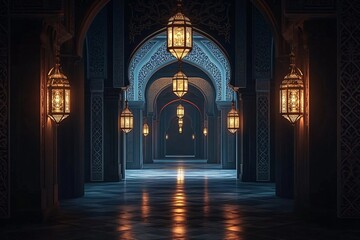 Obraz premium A photorealistic image capturing the intricate beauty of an Islamic mosque's hallway, perfect for Ramadan greetings and elegant decor designs.