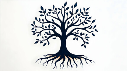 Silhouette tree wall art; roots, branches, leaves; white background; home décor