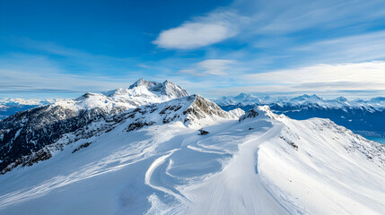 Snow-capped mountain range panorama, sunny winter day, aerial view, ideal for travel brochures