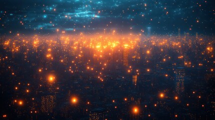 Fototapeta premium Night city lights, futuristic cityscape, digital rain, background; tech use