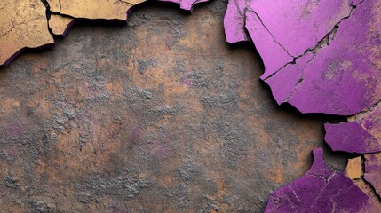 Cracked metallic texture with purple and gold accents.