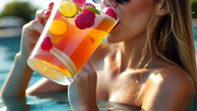 Woman enjoying a refreshing drink with fruit in a sunny pool setting