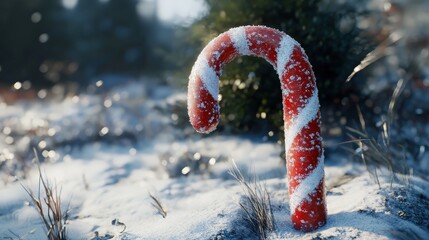 Candy Cane in Winter Wonderland: A solitary candy cane stands proudly in a snowy winter landscape, frosted and shimmering against the backdrop of a snow-covered forest.