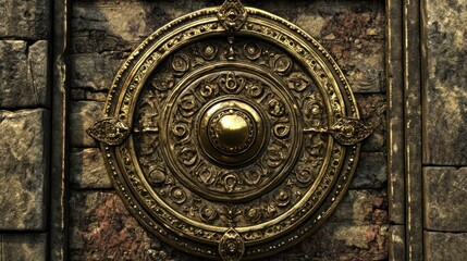 Ornate golden circular emblem on ancient stone wall.