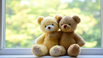 Obraz premium Two embracing loving teddy bear toys sitting on window-sill