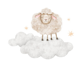 Beige sheep on cloud and stars. Cute fluffy lamb sleeping. Isolated hand drawn baby watercolor illustration. Clipart for kid's pajamas, invitations, postcards, poster, baby shower, children's room
