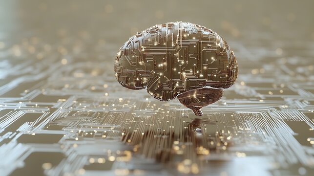 Circuit board brain with glowing connections.