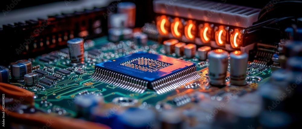 Poster close up microchip circuit board computer technology electronic components hardware hi