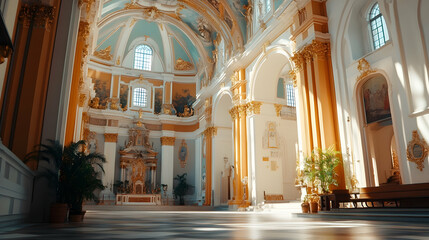 Sunlit Cathedral Interior, Architectural Detail, Peaceful Atmosphere, Religious Tourism