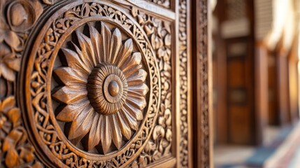 Obraz premium Intricate floral wood carving, mosque doorway, sunlit background, architectural detail