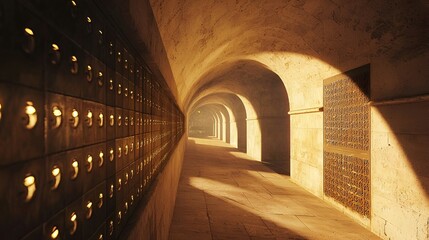 Arched hallway, ancient stone drawers, sunlit, mystery, historical setting