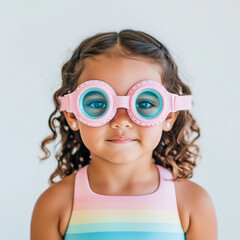 girl wearing pink and blue swim gogglesChildren's clothing ads, swimwear promotions, product photography, online stores, kids' lifestyle content, vacation-themed 