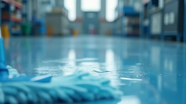 Blue mop effectively cleans a shiny wet floor in a sequence of smooth backandforth movements