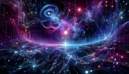 Fototapeta premium An abstract AI-generated concept art featuring neural connections, glowing quantum particles, and futuristic data visualization with deep blue and electric violet color tones