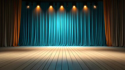 Teal and orange stage curtains, wooden floor, spotlights; perfect for event backgrounds
