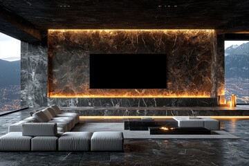 Modern Living Room With Mountain View And Fireplace